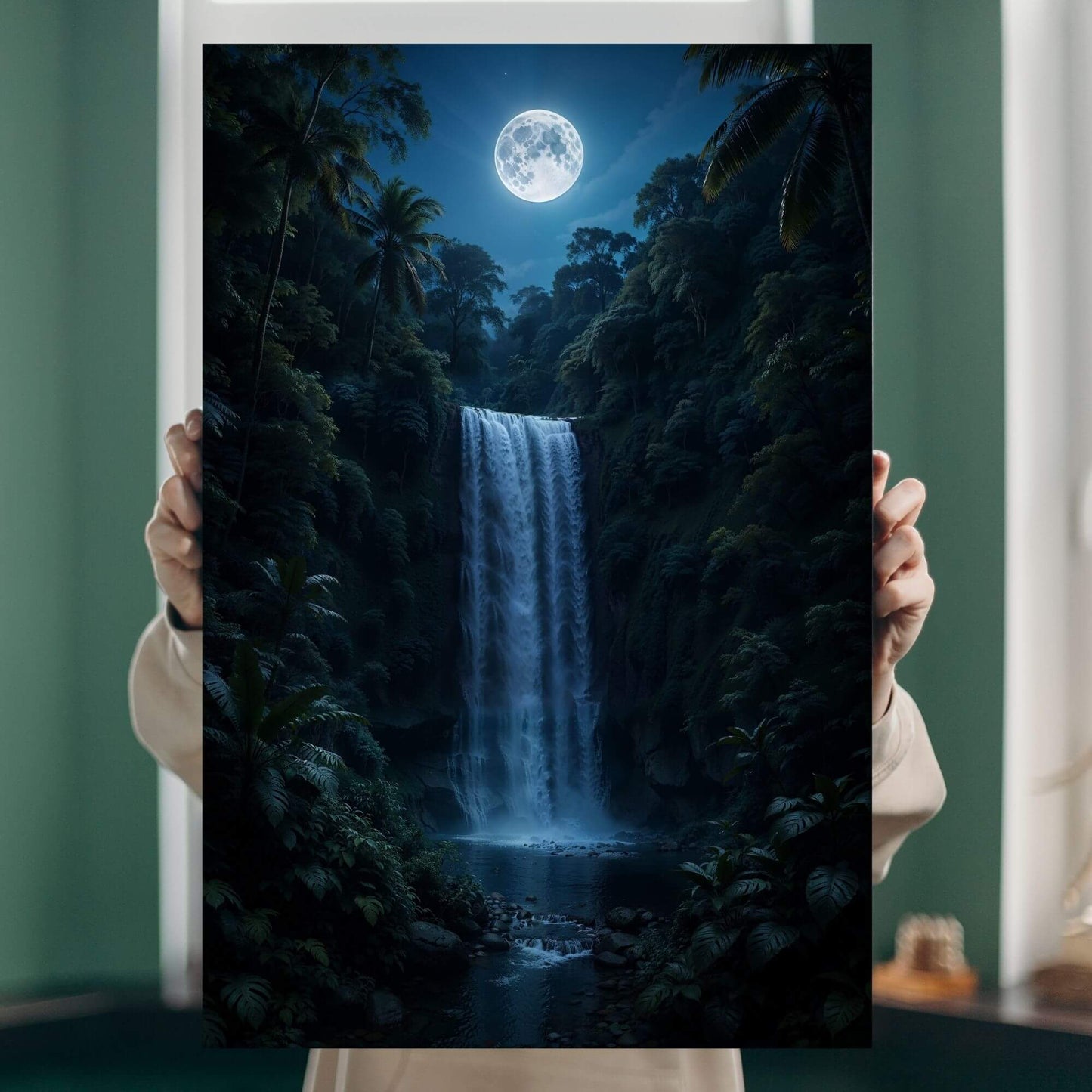 Person holding a vivid moonlit waterfall jungle canvas print to illustrate real-life size, detail, and deep midnight color palette.