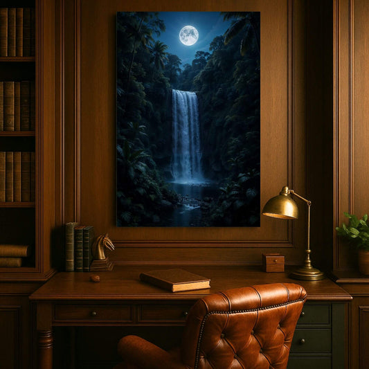 Large moon-drenched waterfall canvas print bringing tranquil night-time rainforest energy to a classic wood-paneled study above a vintage leather desk.