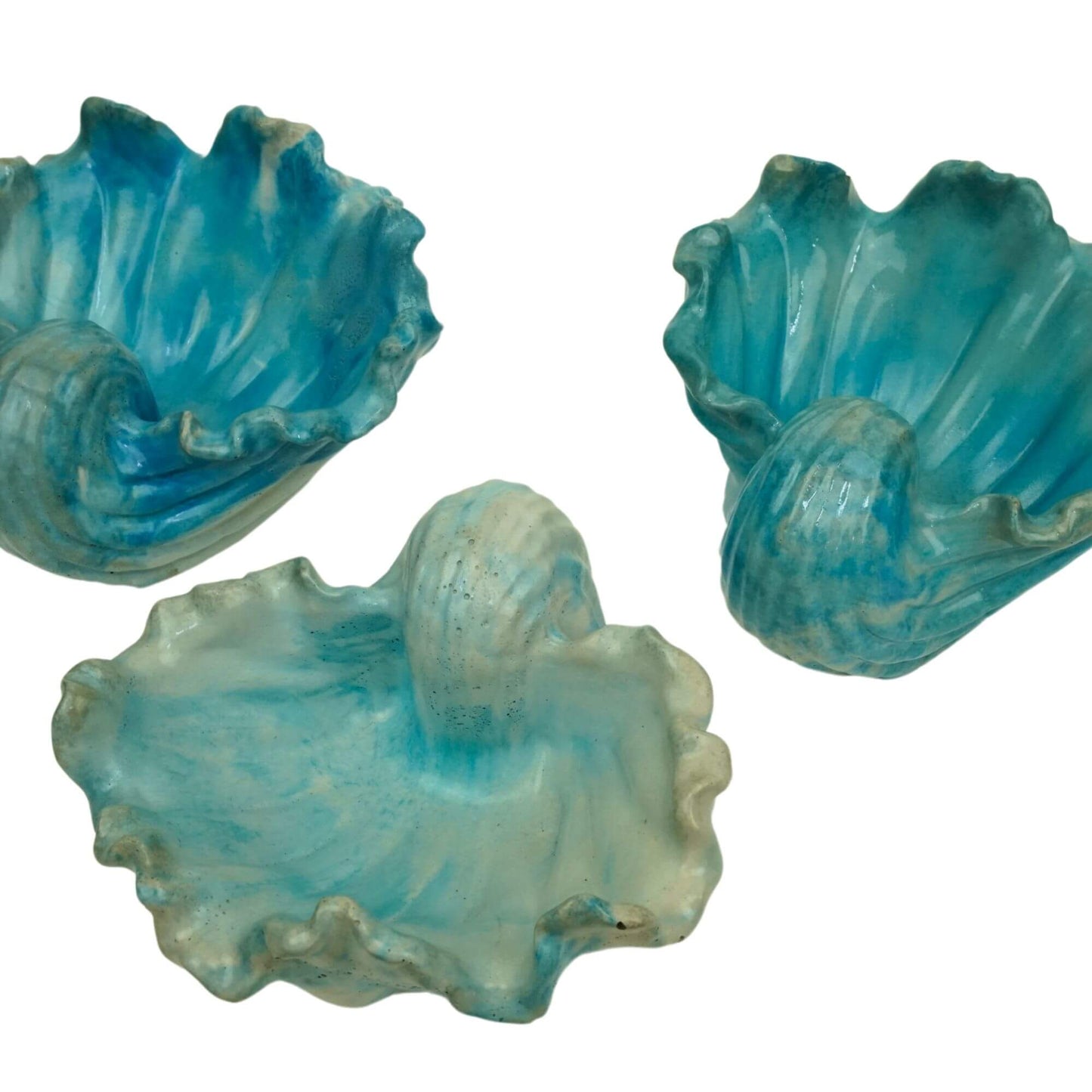 Set of three blue and concrete colored Ocean Bowls, handcrafted concrete dishes with coastal charm.