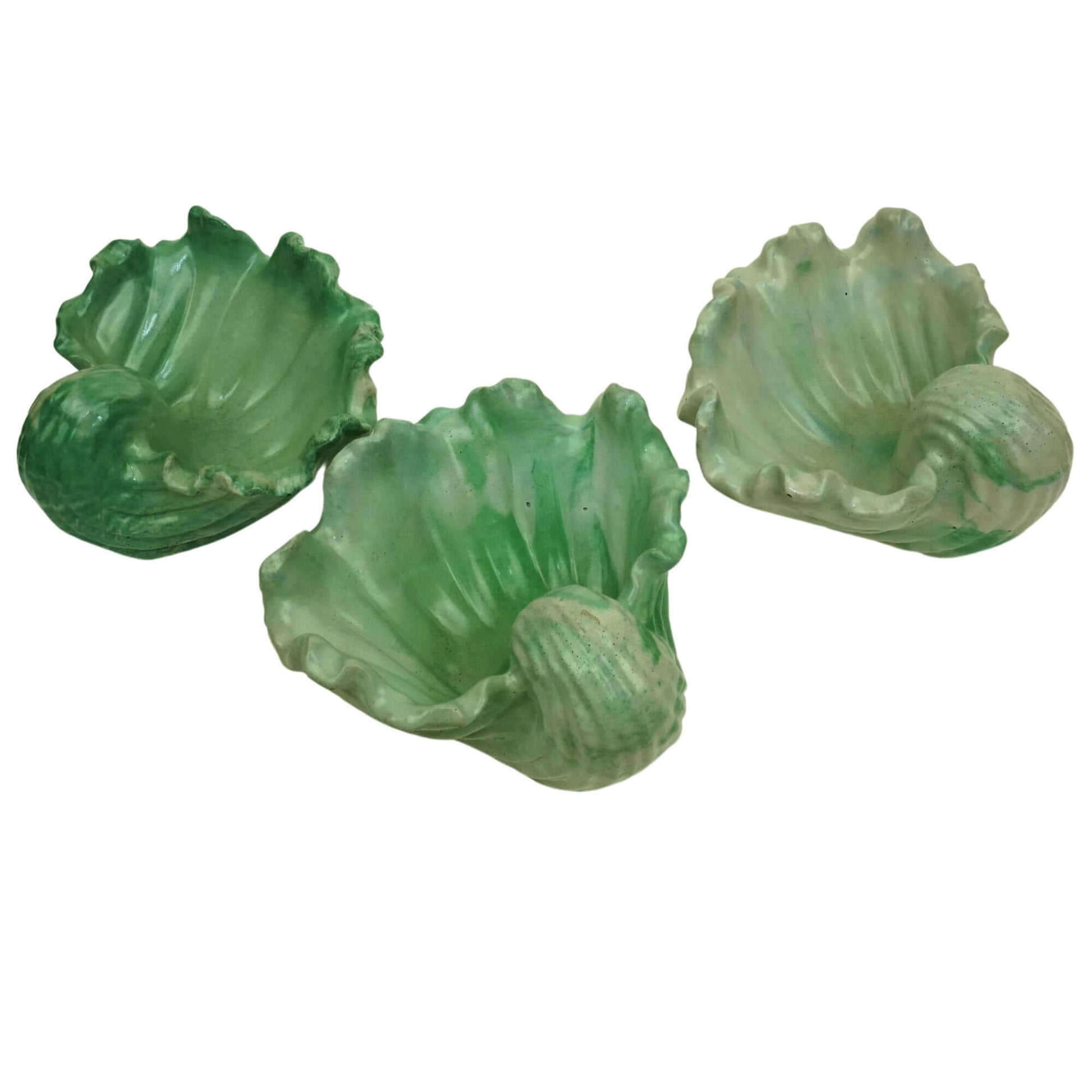 Set of three green and concrete colored Ocean Bowls, handcrafted concrete dishes with coastal charm.
