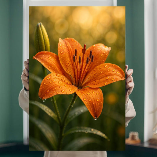 A person holding a canvas print of a vibrant orange lily covered in water droplets.