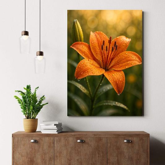 Canvas print of an orange lily with water droplets, placed on a wooden dresser next to a potted
plant and books.
