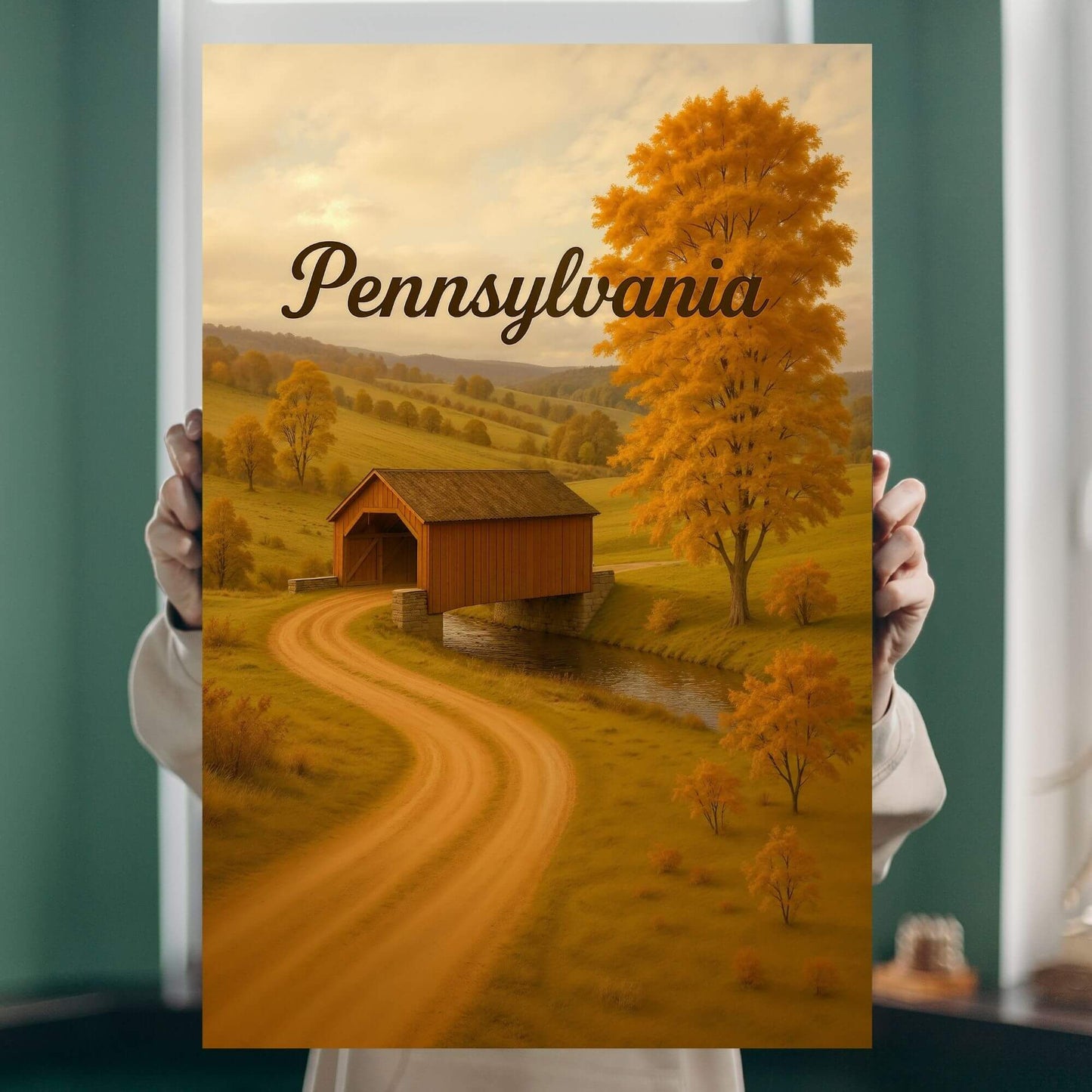 A person holding a canvas print of a covered bridge in an autumn Pennsylvania landscape.