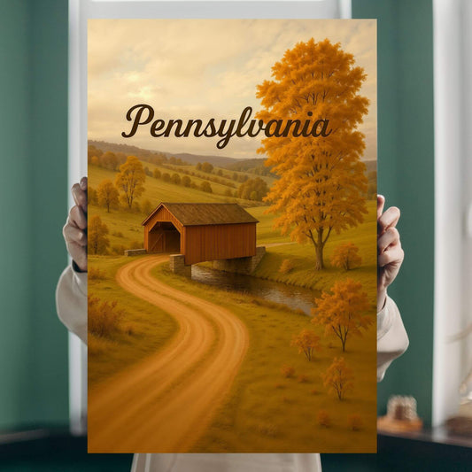 A person holding a canvas print of a covered bridge in an autumn Pennsylvania landscape.