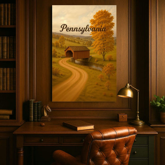 Canvas print of a covered bridge in an autumn Pennsylvania landscape with rolling hills and fall
foliage, hanging on a wood-paneled wall above a desk.