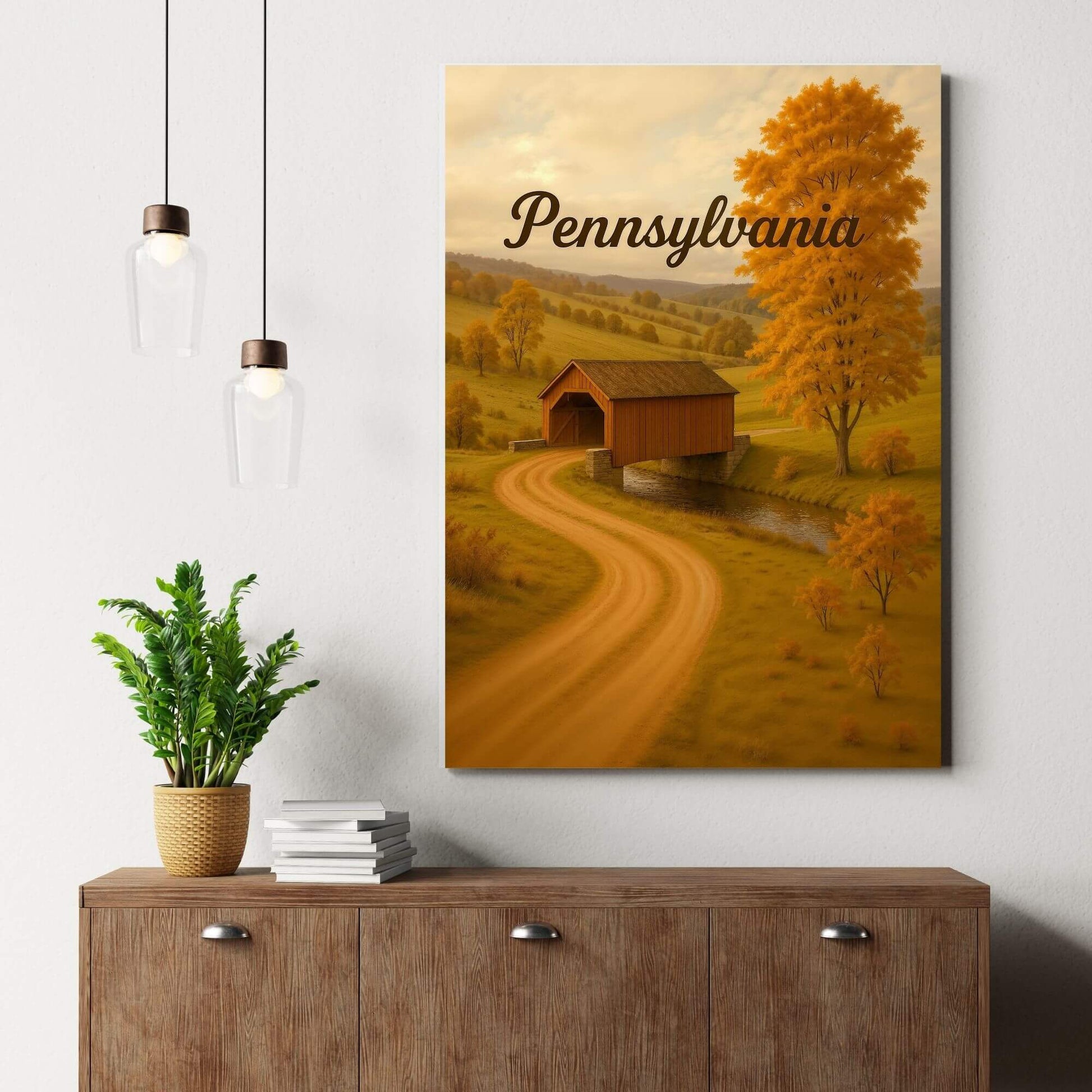 Canvas print of a Pennsylvania covered bridge scene in autumn, placed on a wooden dresser with
a potted plant and books.