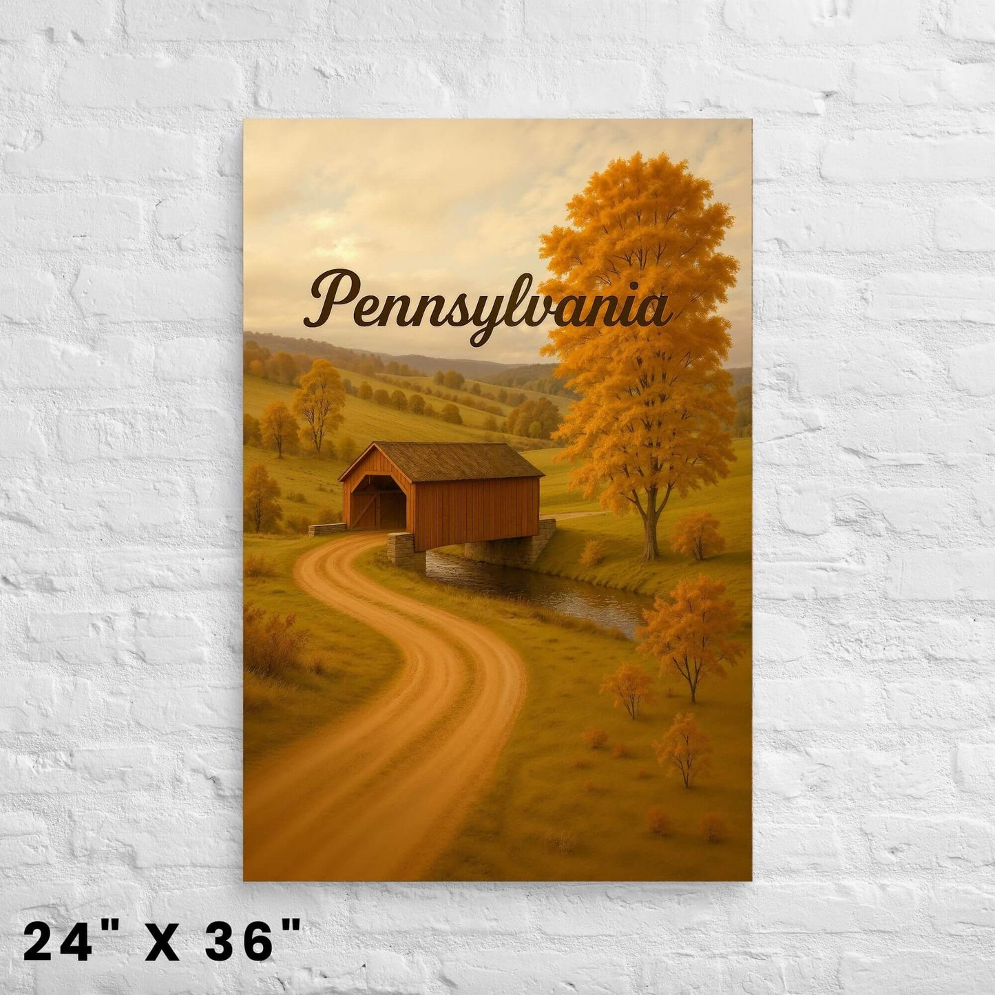 24"x36" canvas print depicting a covered bridge and autumn landscape in Pennsylvania, mounted
on a white brick wall.