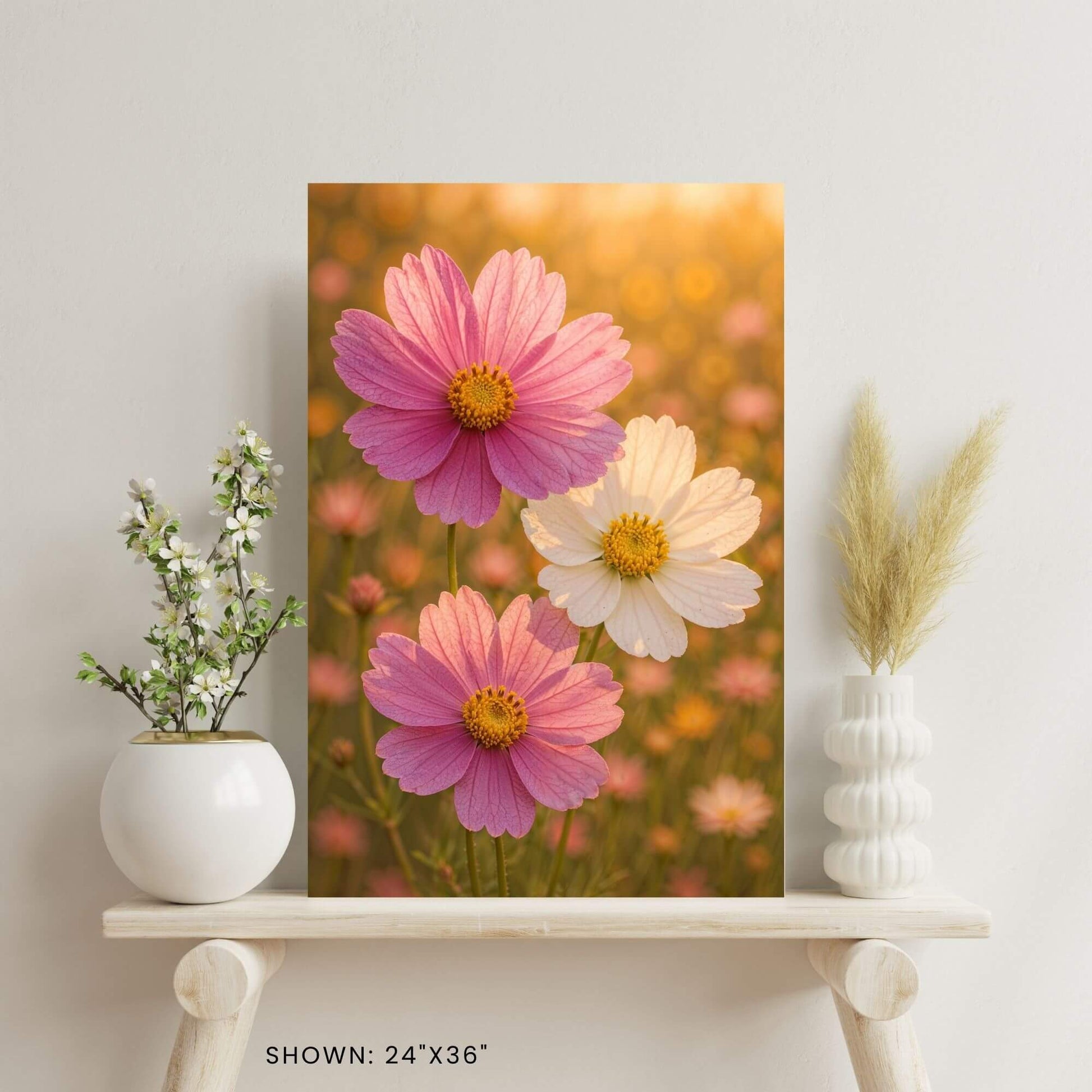 24"x36" pink and white cosmos flower field wall art canvas print, shown on a decorative shelf with
vases.