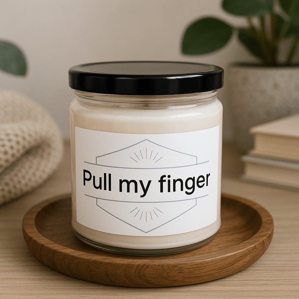 Pull my finger" funny soy candle in a glass jar on a wooden tray.