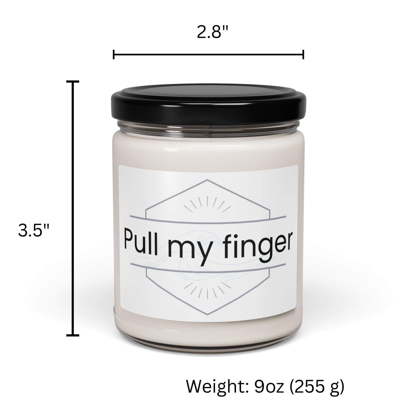 Dimensions graphic for "Pull my finger" 9oz jar candle.