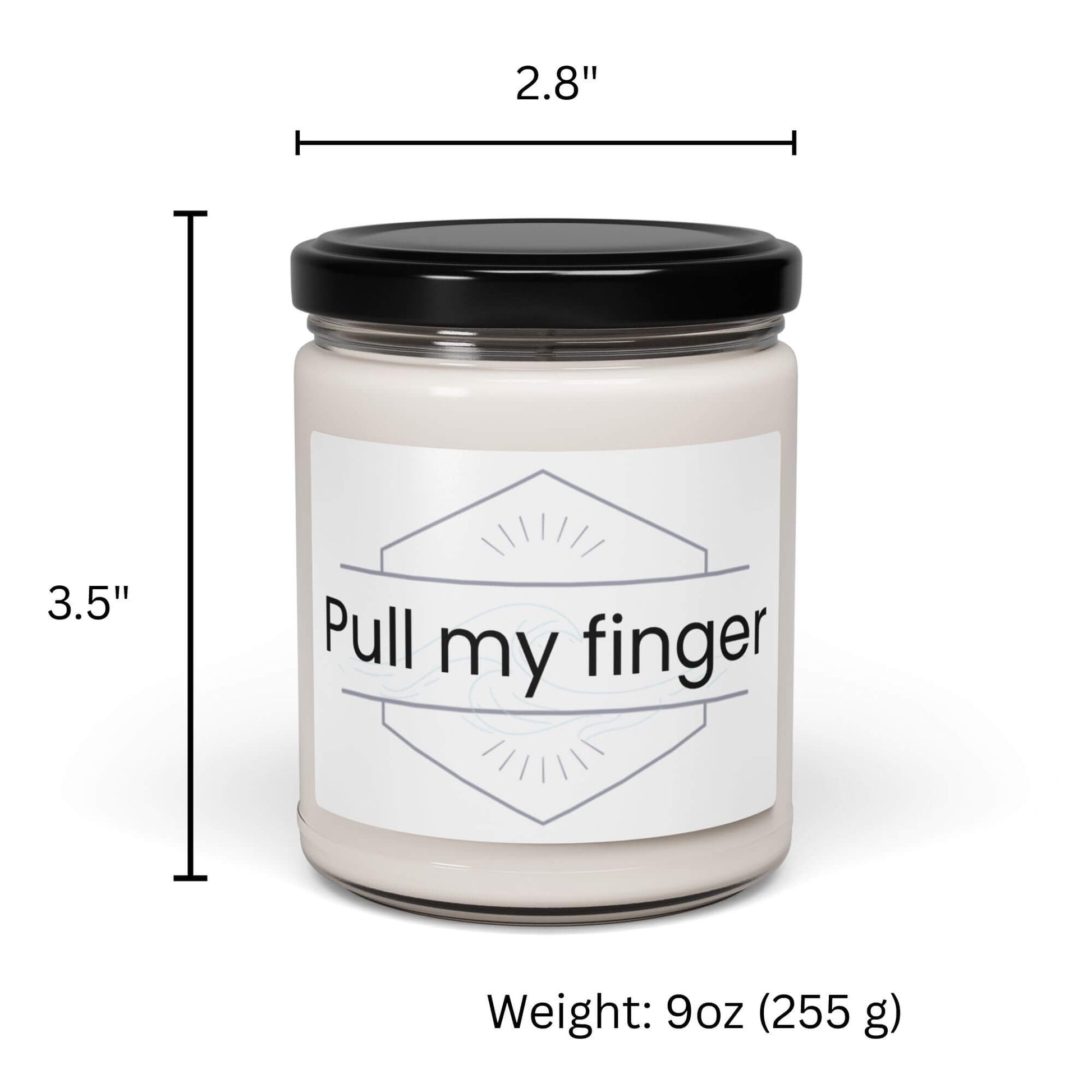 Dimensions graphic for "Pull my finger" 9oz jar candle.