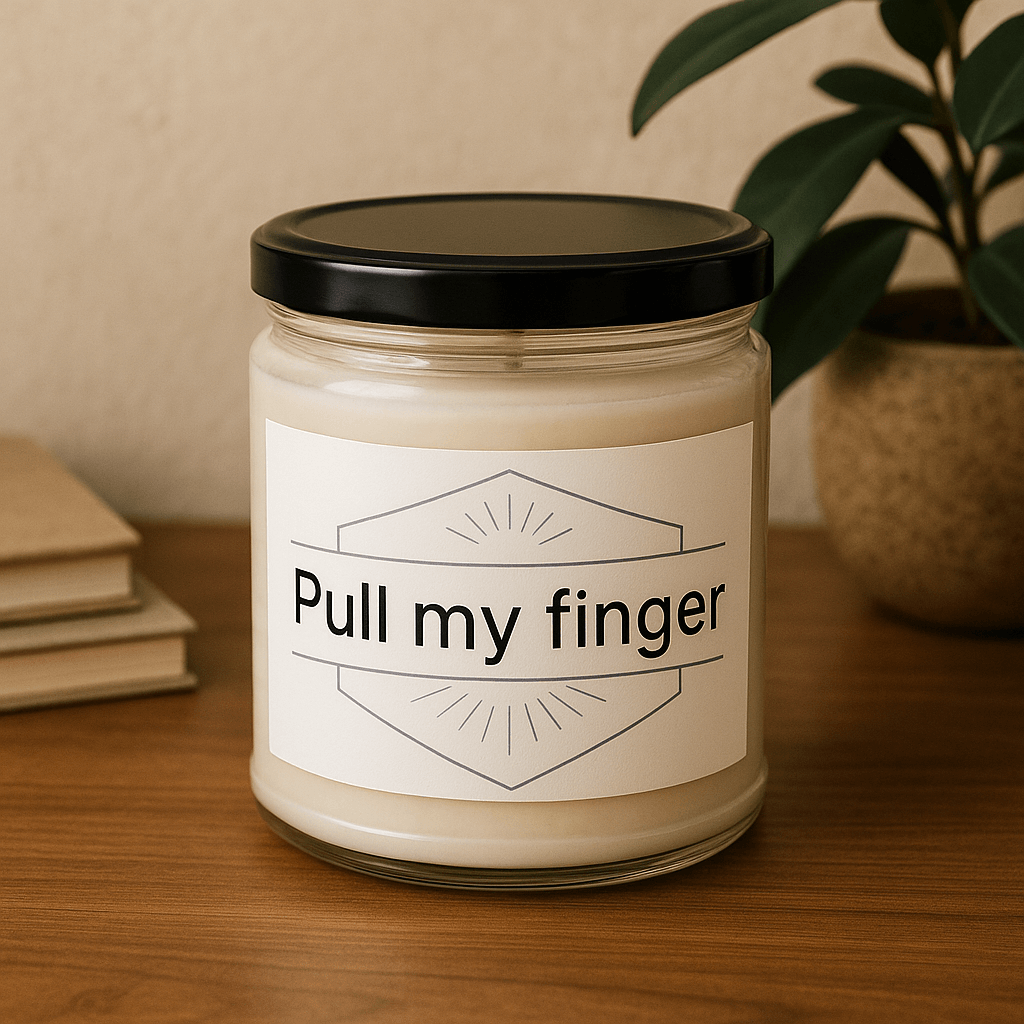 Pull my finger" candle on a desk with plant and books.