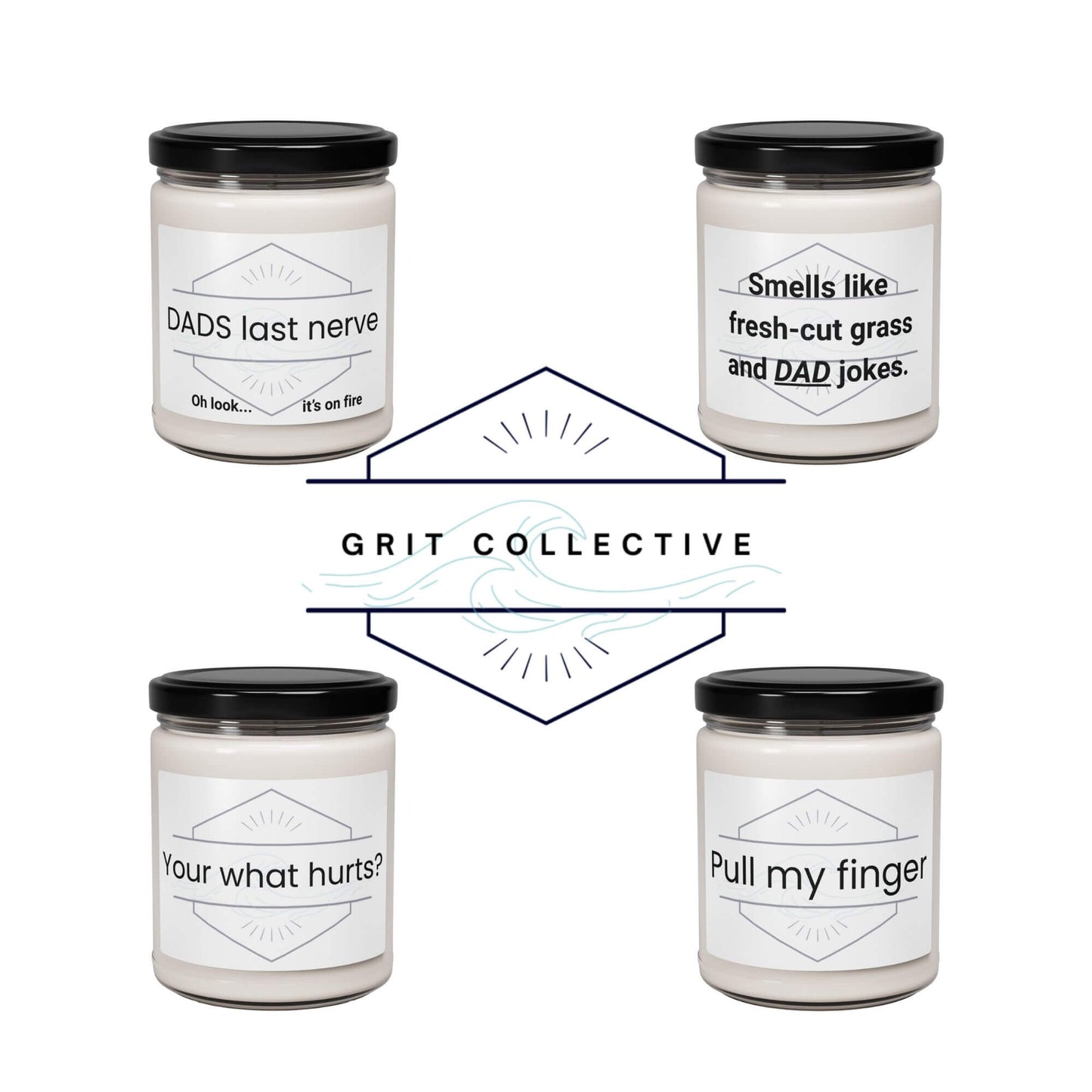 Grit Collective funny candle collection including "Pull my finger" design.