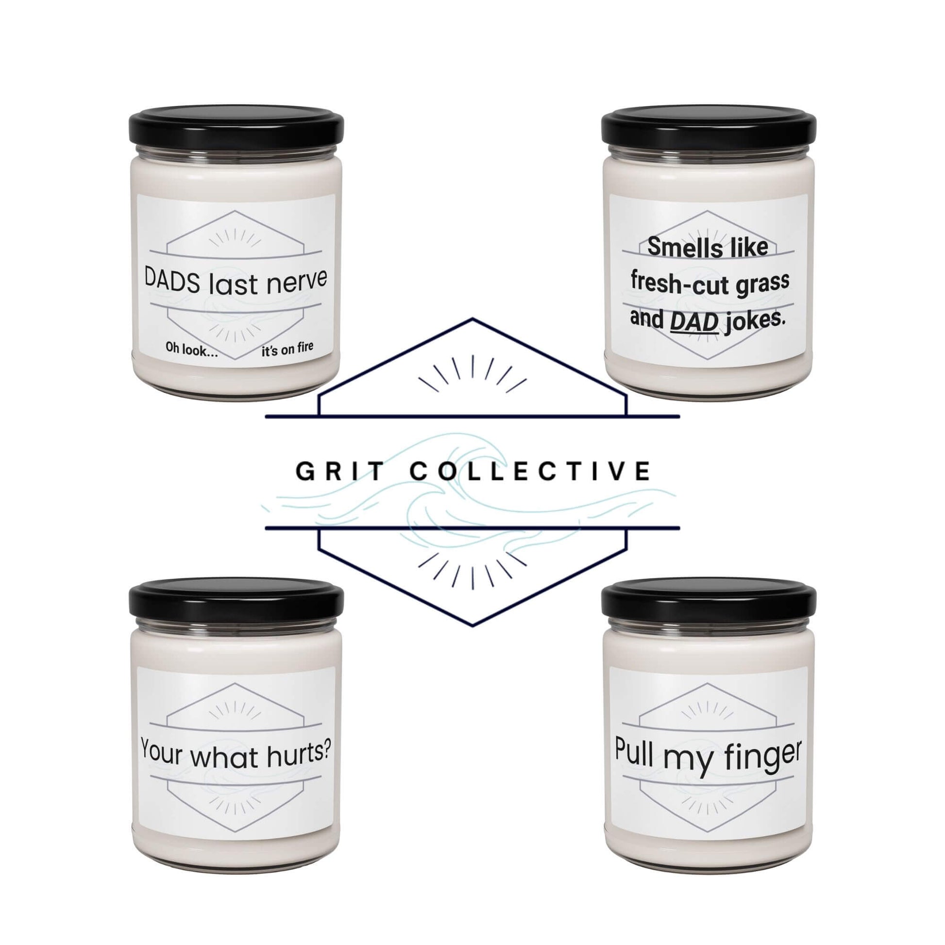 Grit Collective funny candle collection including "Pull my finger" design.