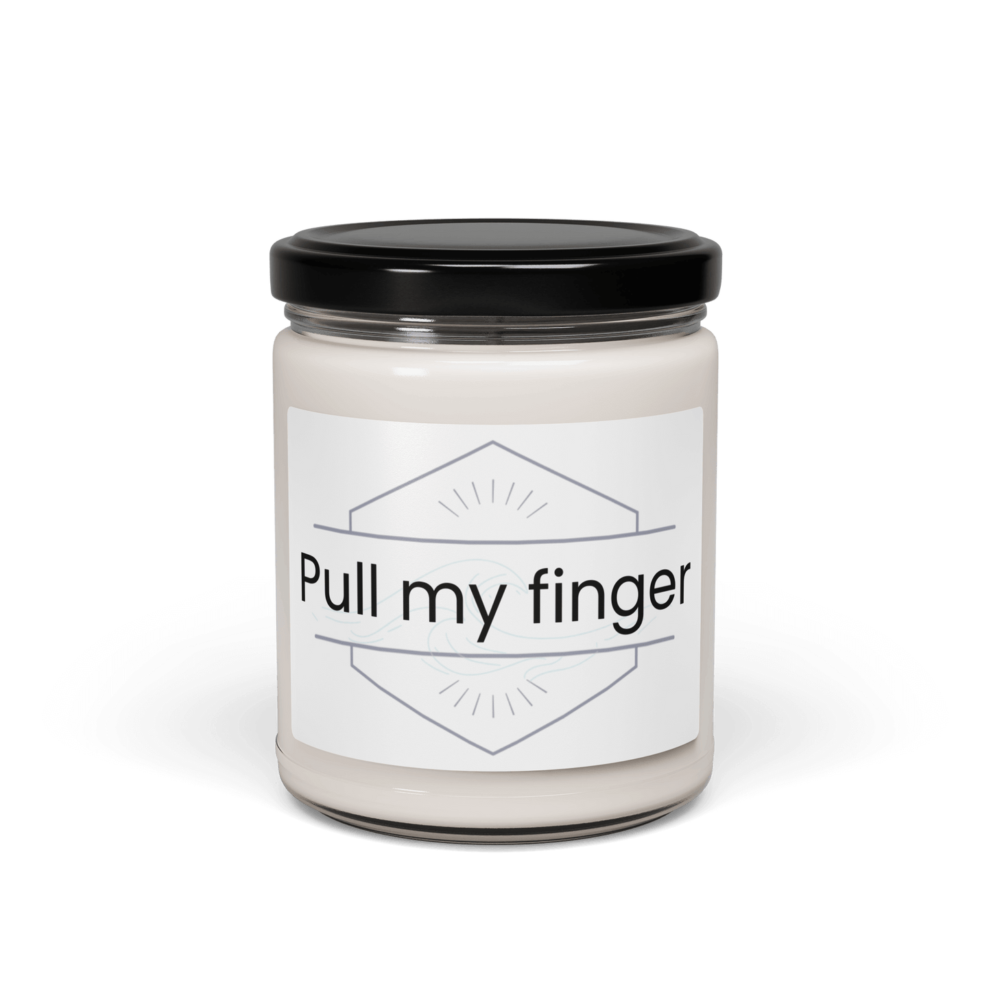Pull my finger" scented candle with black lid on a black background.