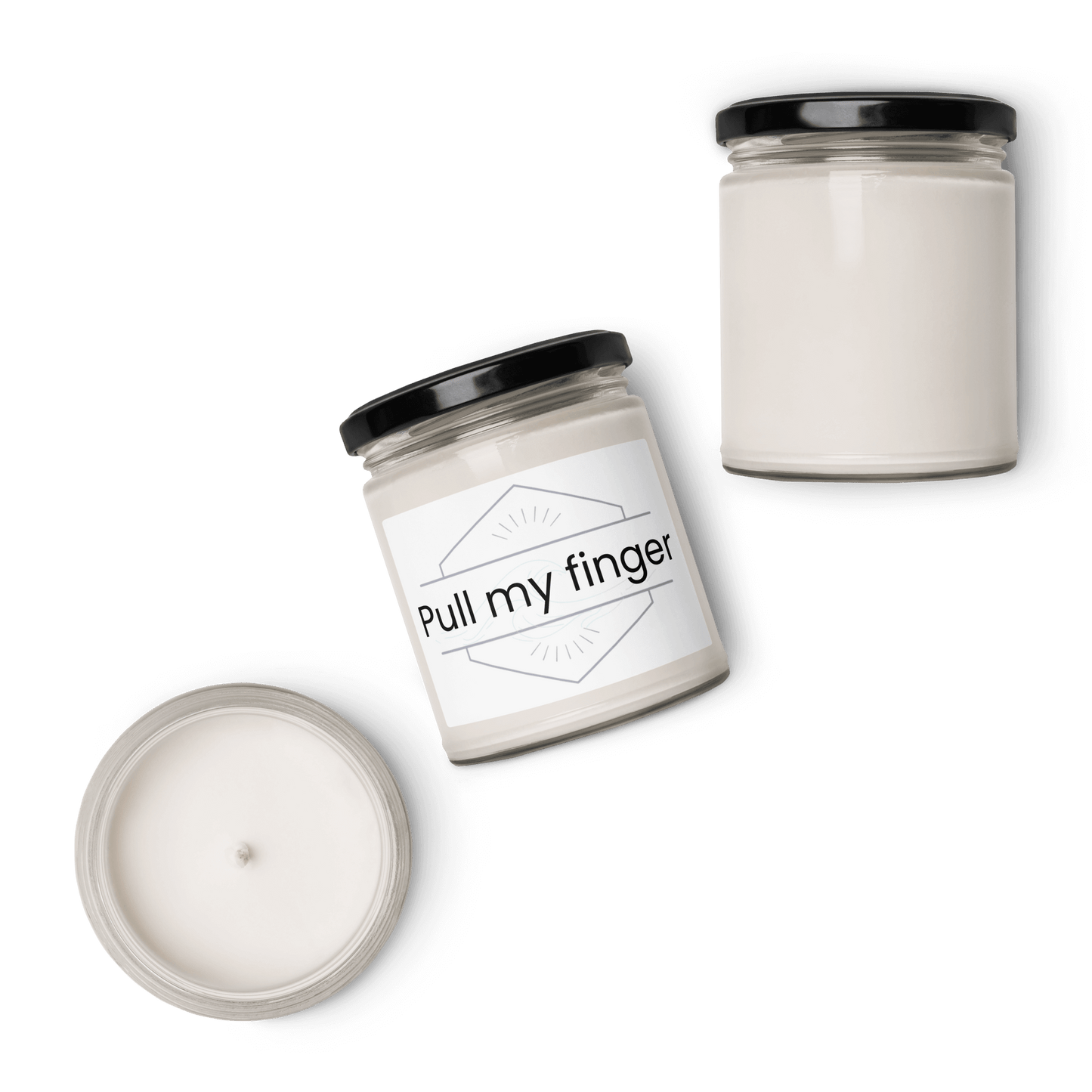 Multiple angles of the "Pull my finger" jar candle, including top view of wick.