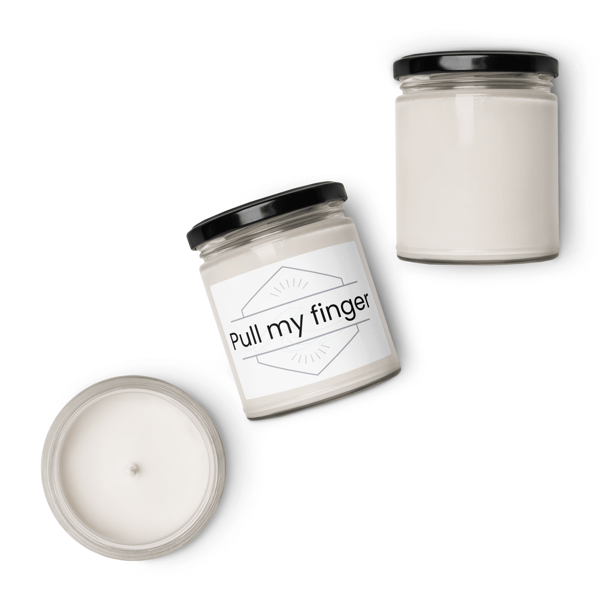 Multiple angles of the "Pull my finger" jar candle, including top view of wick.
