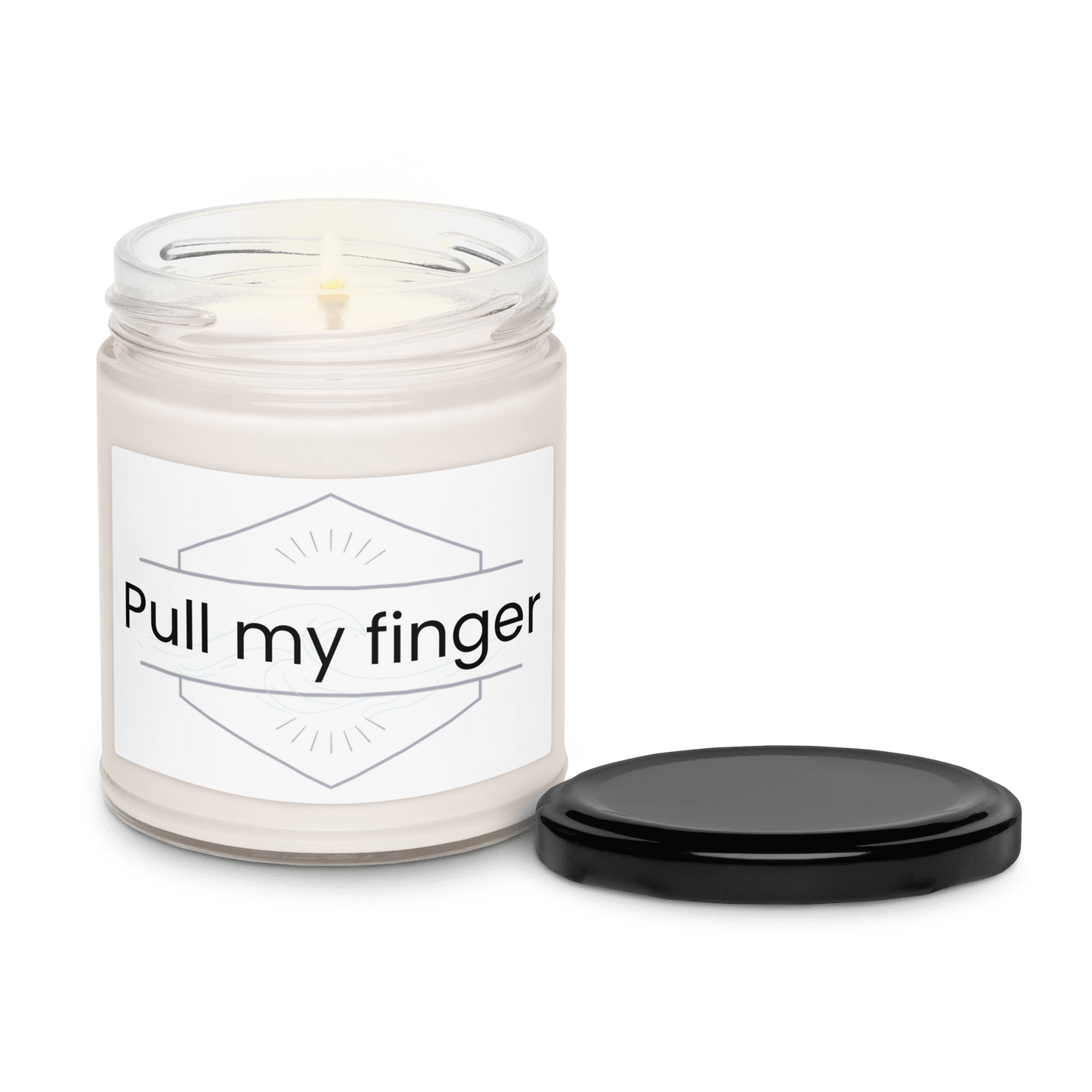 Pull my finger" soy candle with black lid to the side.