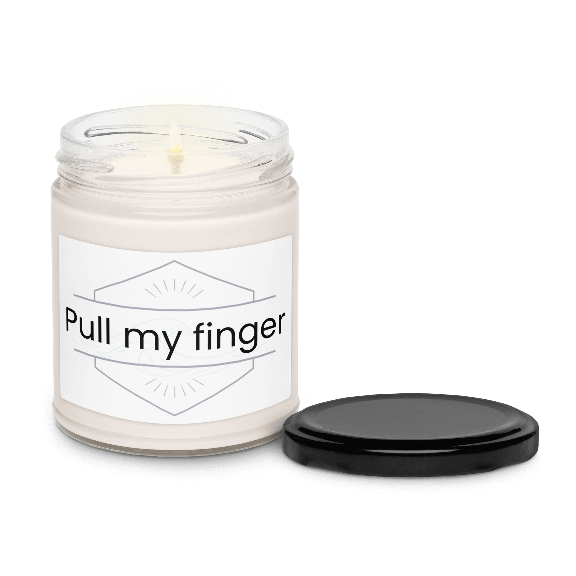 Pull my finger" soy candle with black lid to the side.
