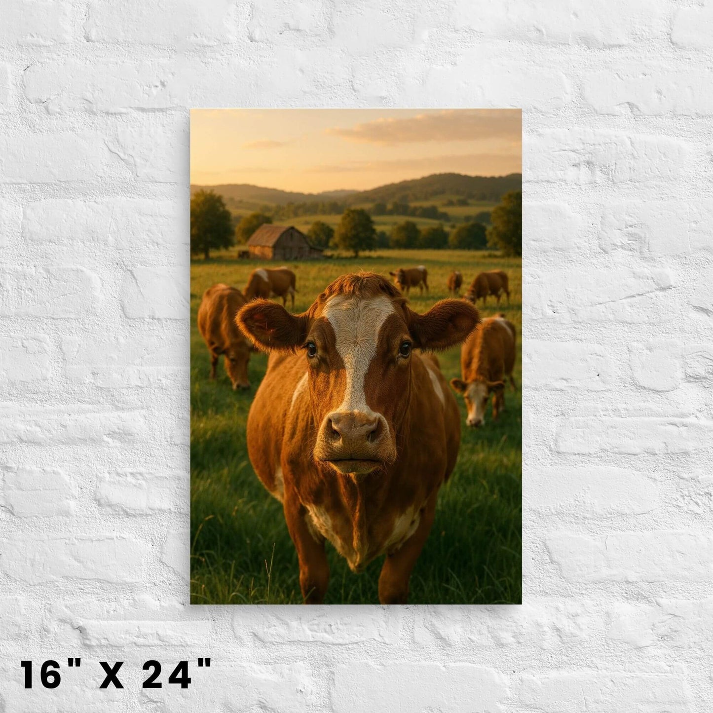 Rural landscape wall art canvas (16x24 inches) featuring a cow in a field at sunset, mounted on a brick wall.