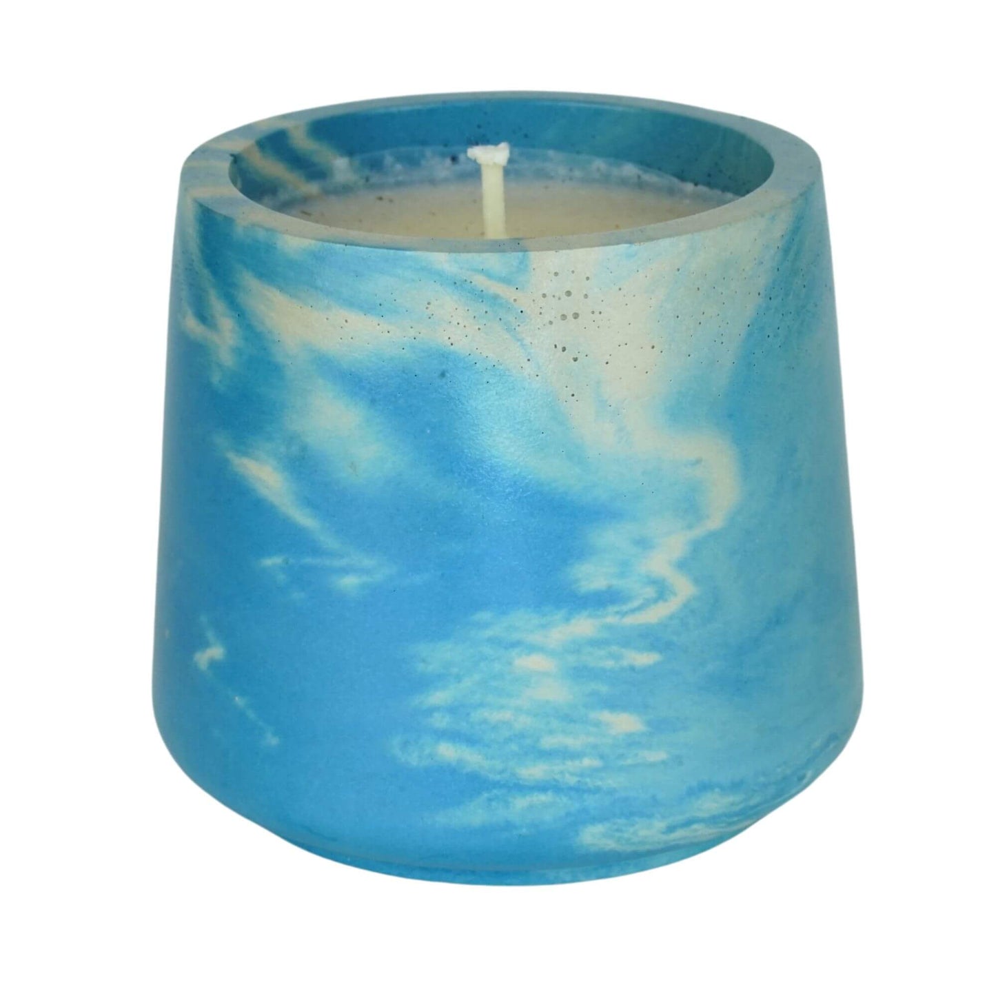 Blue marble Sea Stone Concrete Candle by Grit Collective, a 6oz hand-poured coconut-soy wax candle with a unique swirling marbled concrete design.