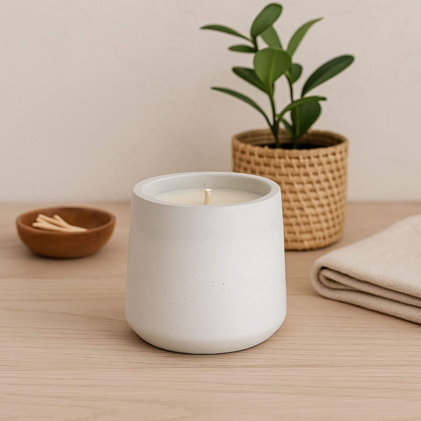 Classic grey textured Sea Stone Concrete Candle by Grit Collective, featuring a 6oz hand-poured coconut-soy wax candle in its unique concrete vessel.