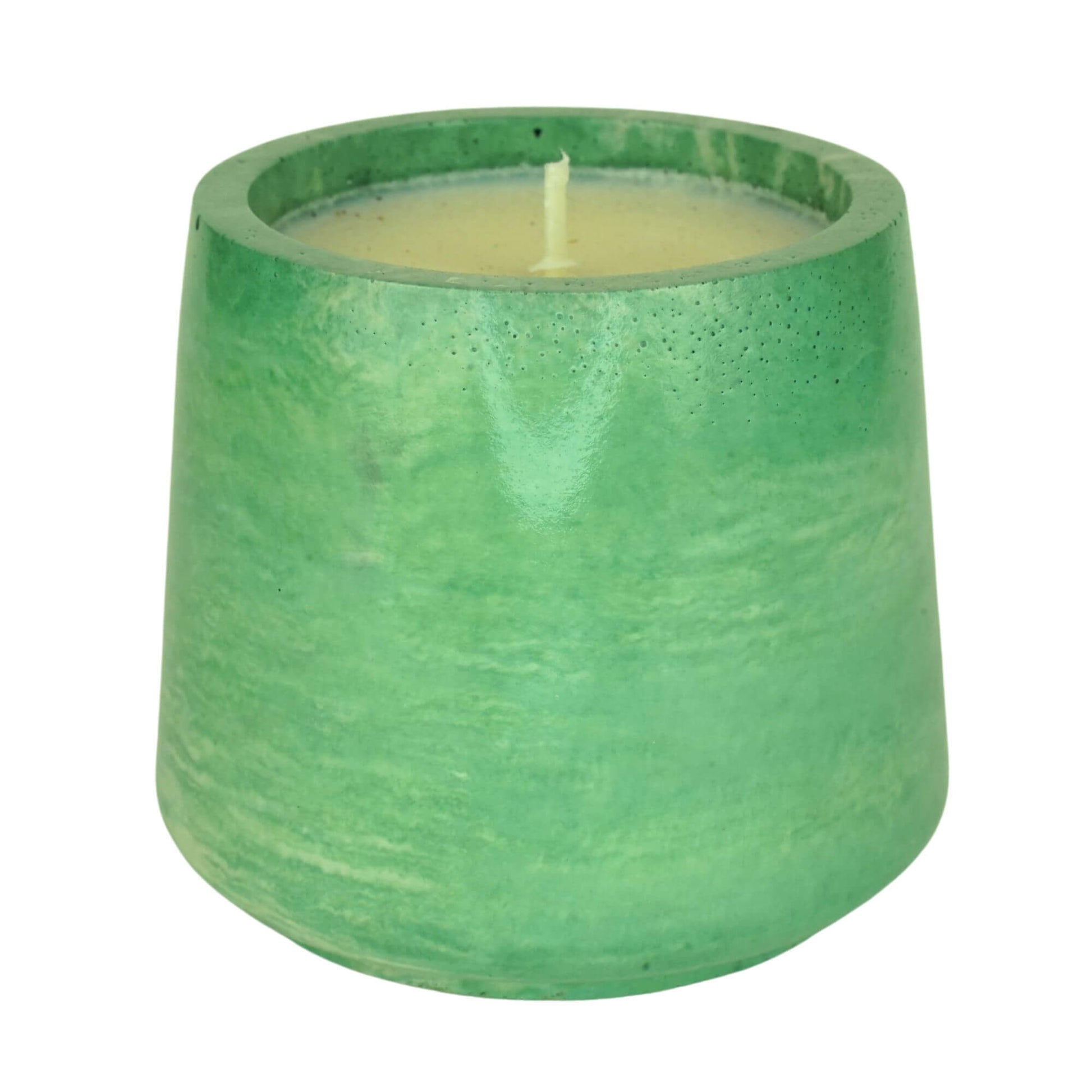 Textured emerald green Sea Stone Concrete Candle by Grit Collective, a unique 6oz hand-poured coconut-soy wax candle for home decor.