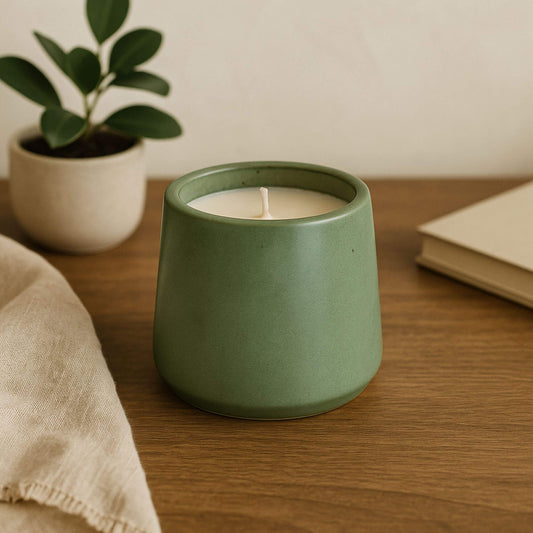 Matte dark green Sea Stone Concrete Candle by Grit Collective, a 6oz hand-poured coconut-soy wax candle, perfect for minimalist or rustic home decor.