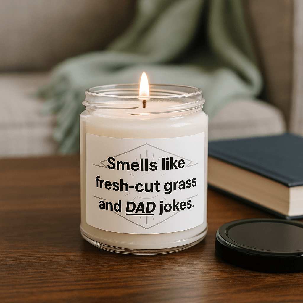 Smells like fresh-cut grass and DAD jokes" soy candle in a glass jar on a wooden table.