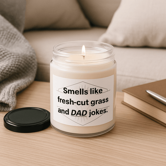 Smells like fresh-cut grass and DAD jokes" candle burning in a cozy living room setting.
