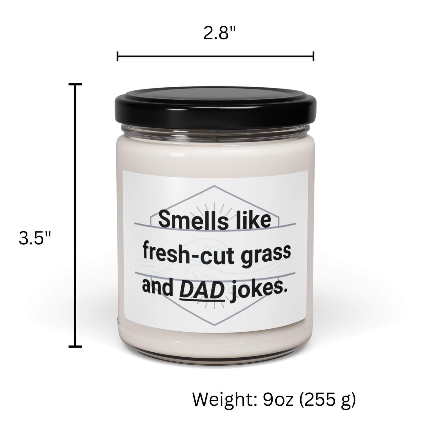 9oz glass jar candle with "Smells like fresh-cut grass and DAD jokes" label, showing product dimensions.