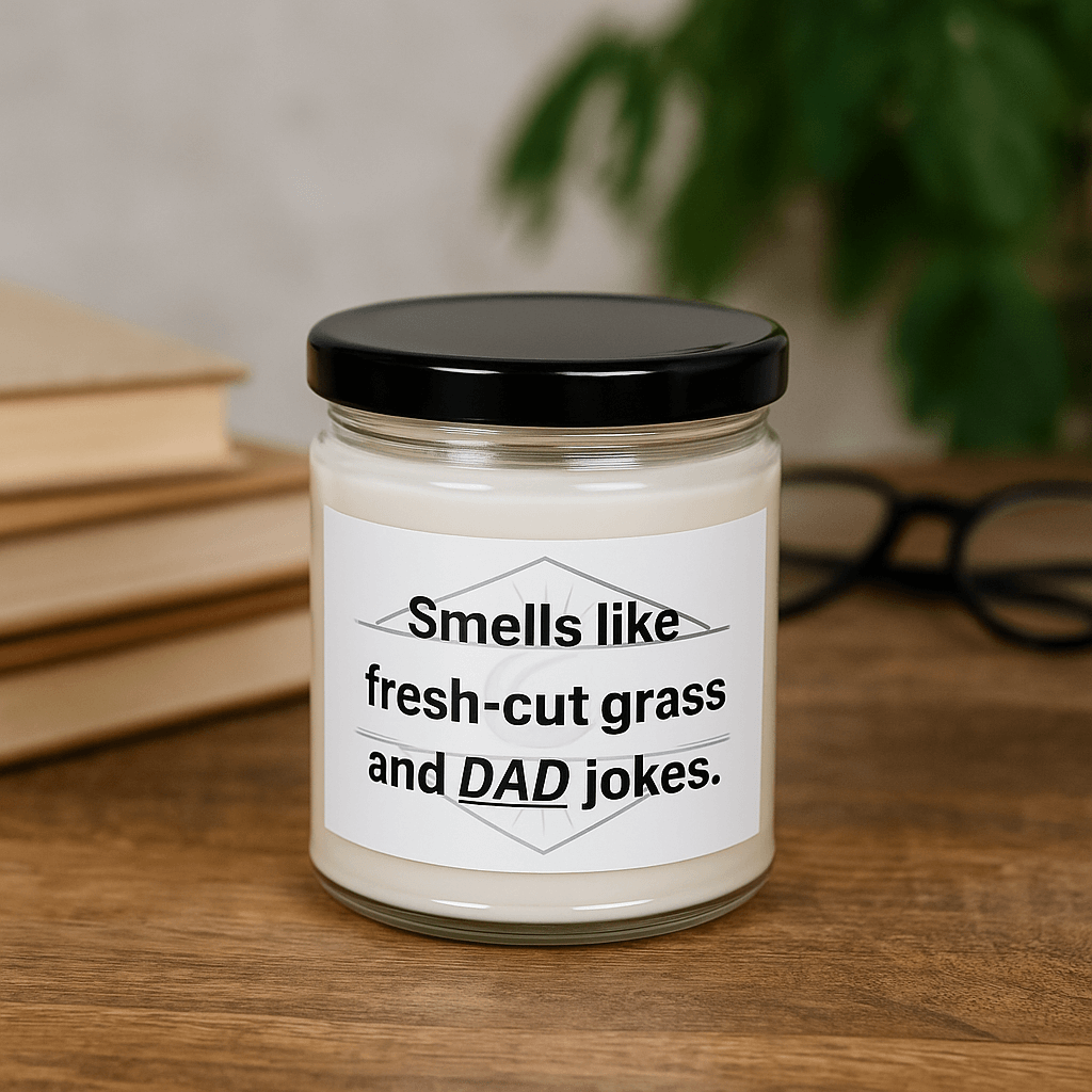 Smells like fresh-cut grass and DAD jokes" candle with black lid next to books and glasses.