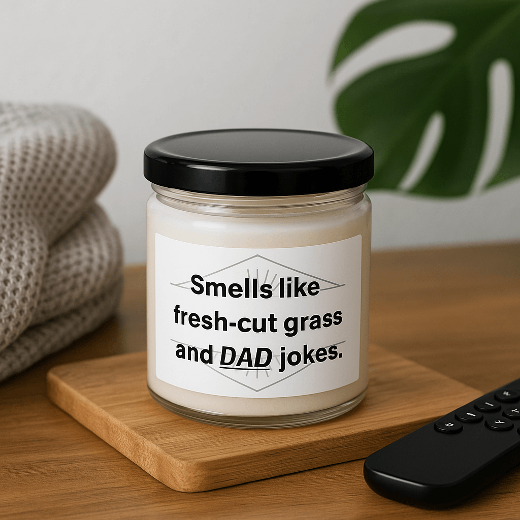 Smells like fresh-cut grass and DAD jokes" 9oz soy candle on a wooden coaster near a TV remote.
