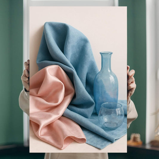 Person holding a canvas print of a still life with draped blue and pink fabric, a blue bottle, and a glass.