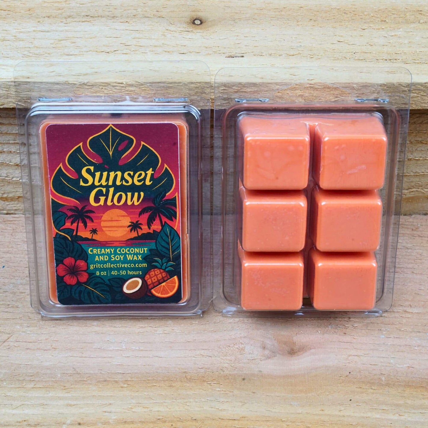 Sunset Glow scented creamy coconut and soy wax melts, 8 oz package with tropical graphic.