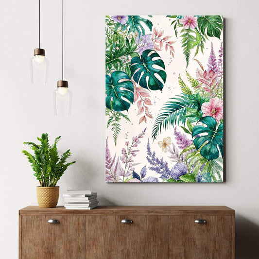 Canvas print of a tropical botanical watercolor illustration, placed on a wooden dresser with a potted plant and books, suitable for botanical or tropical decor.