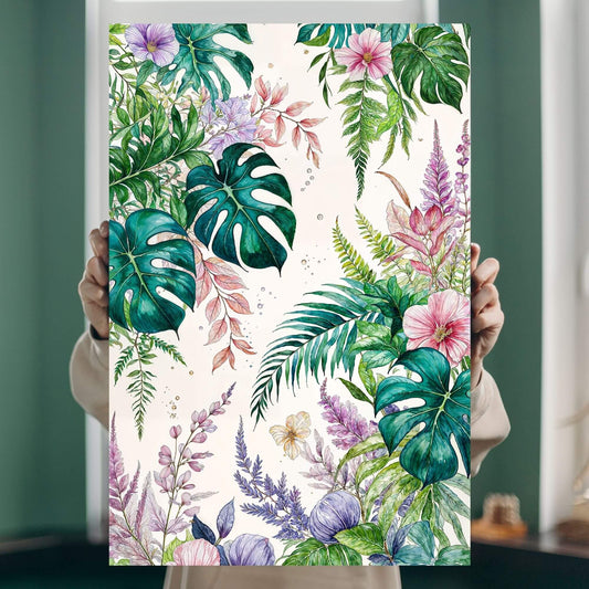 Person holding a canvas print of a tropical botanical watercolor illustration featuring leaves and flowers.