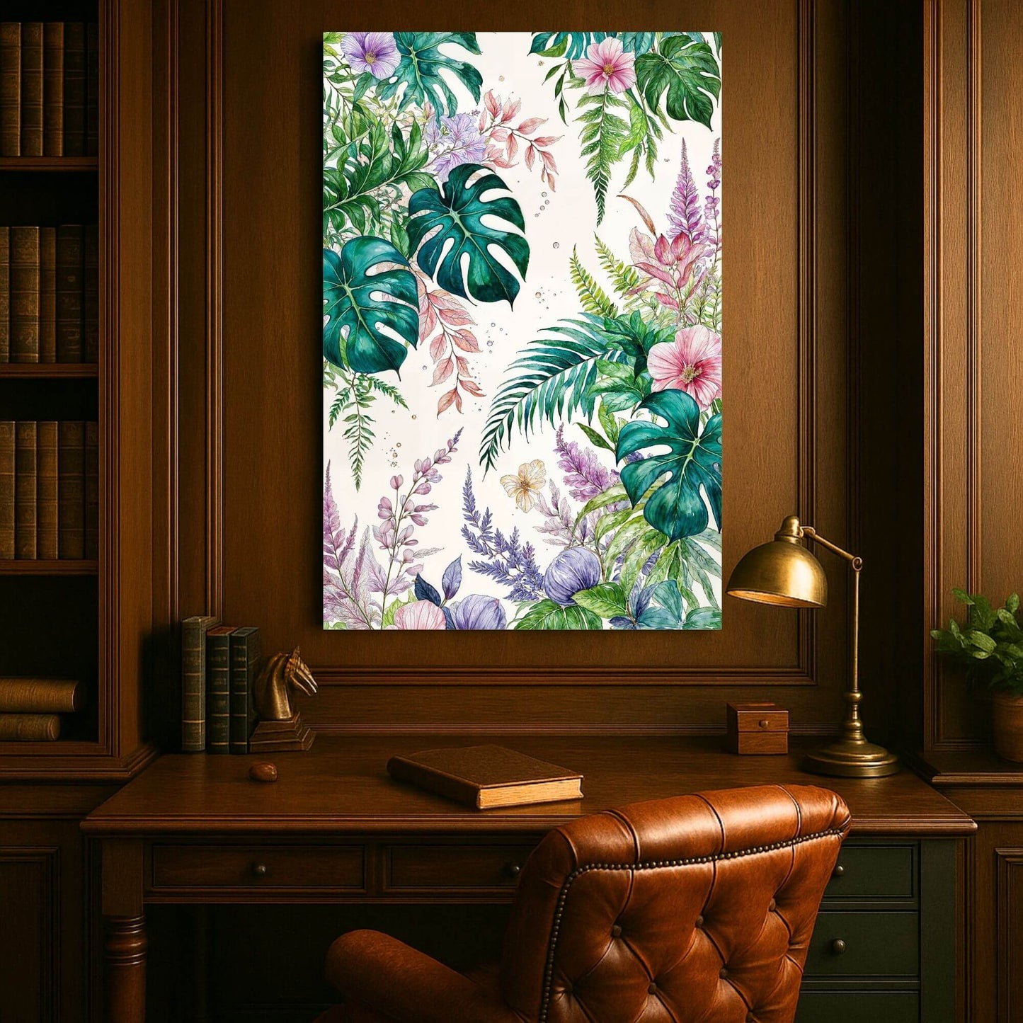 Canvas print of a vibrant watercolor illustration featuring tropical plants, Monstera leaves, ferns, and pink and purple flowers, displayed in a wood-paneled office.