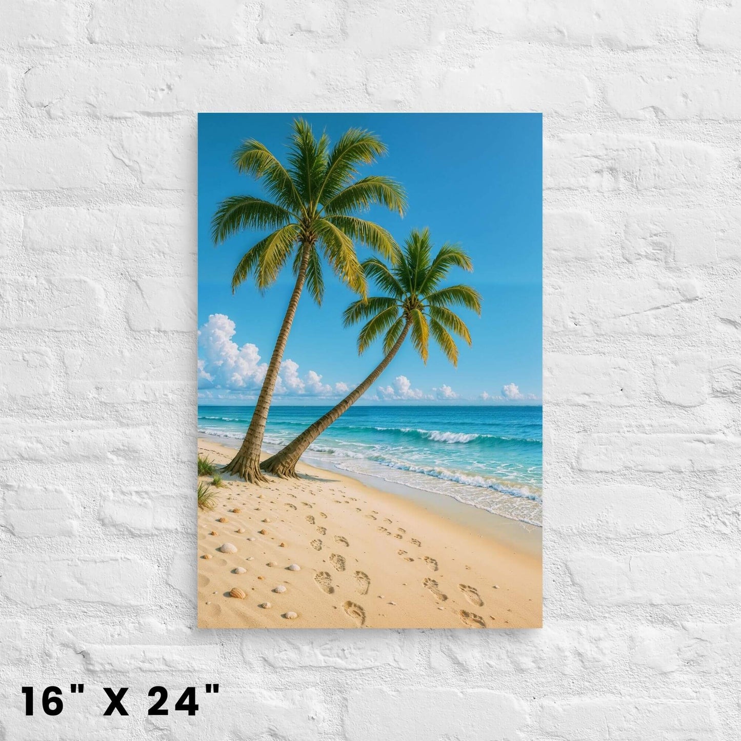 16 × 24-inch Caribbean-blue ocean and palm duo canvas art in bright summer tones against a white-brick setting.