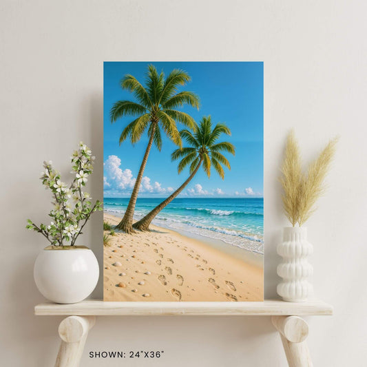 24 × 36-inch serene tropical beach canvas art with two leaning palm trees, footprints in golden sand, styled on a minimalist shelf with vase florals and pampas grass.