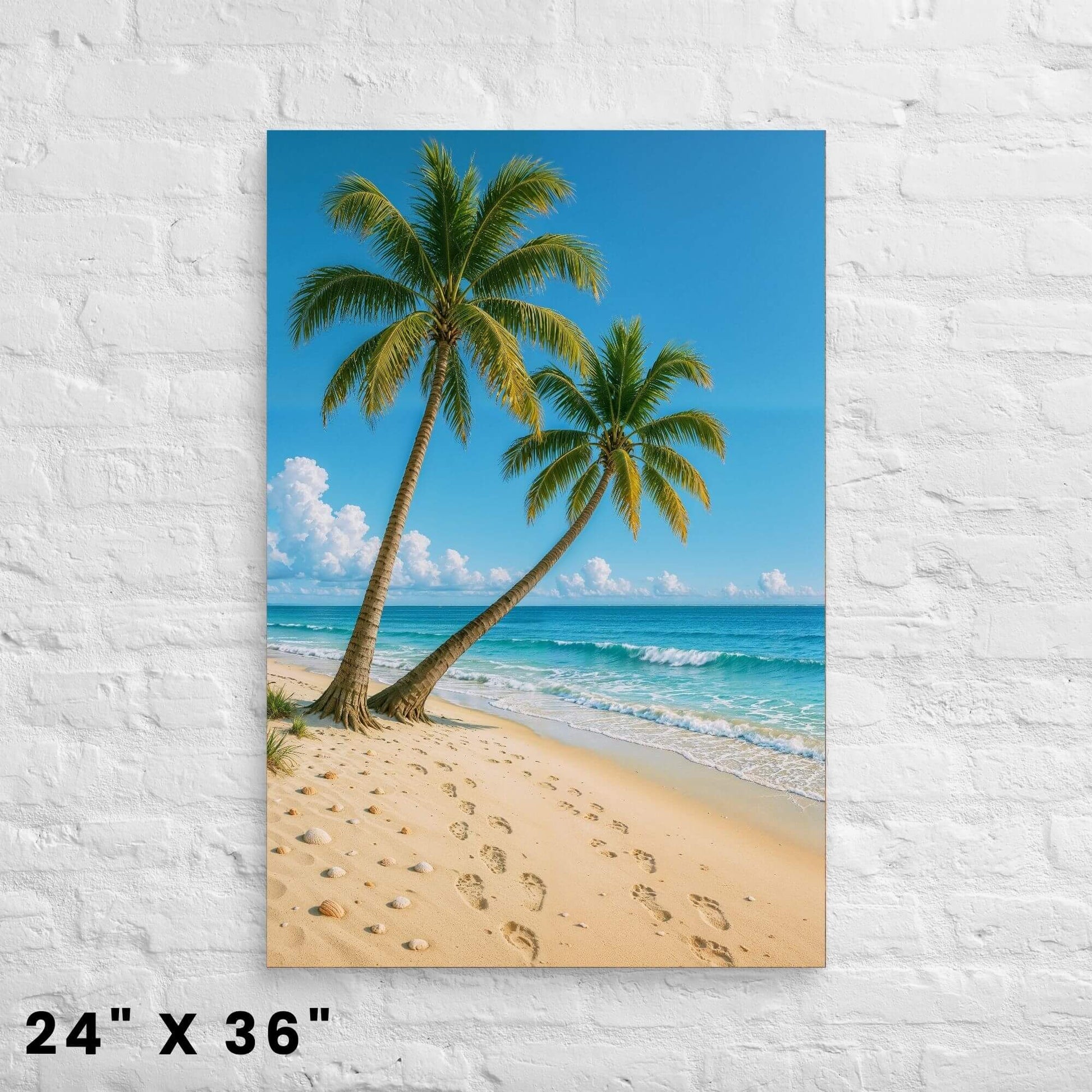 24 × 36-inch turquoise-sea palm beach canvas wall art displayed on a crisp white-brick backdrop.