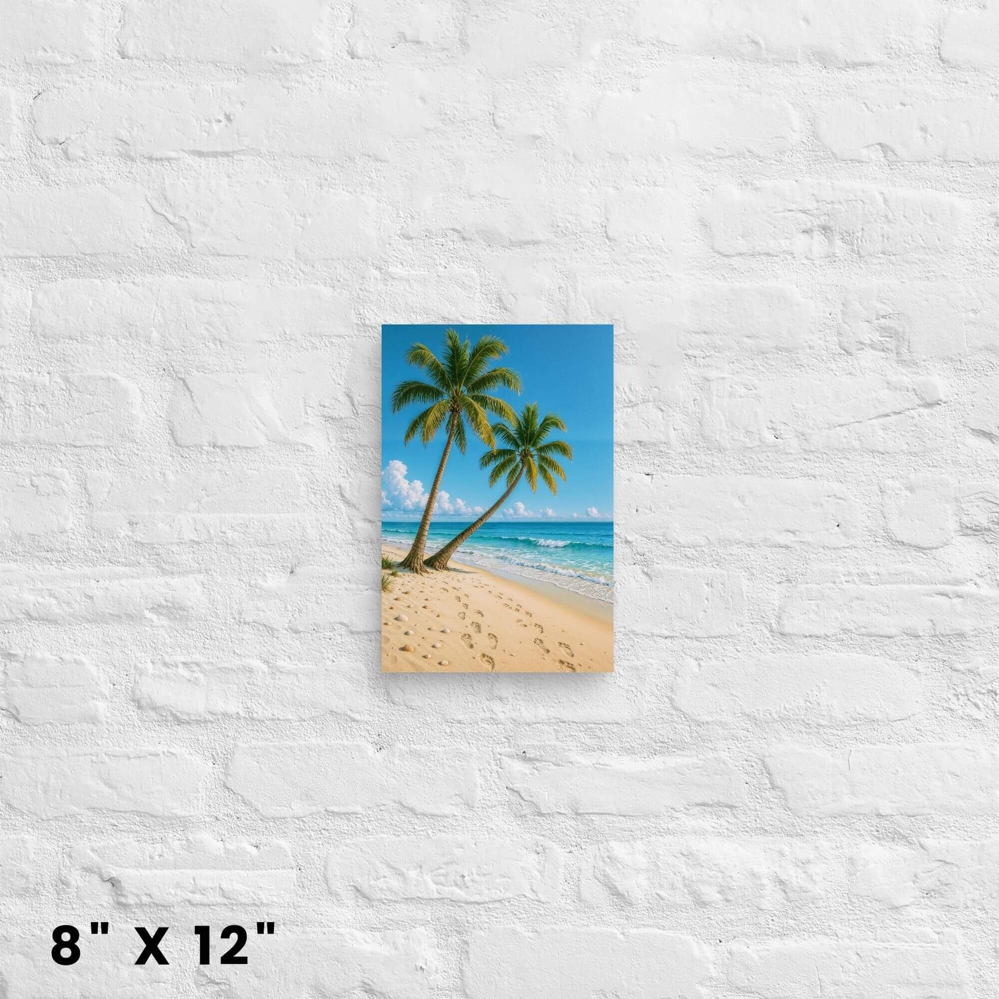8 × 12-inch mini palm-kissed shoreline canvas print adding a splash of coastal color to a white-brick backdrop.