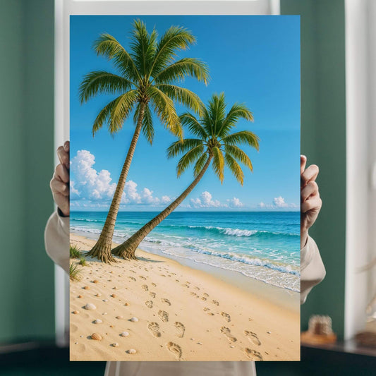 Person holding a vivid palm beach canvas print to show real-life scale, detail, and bright tropical color palette.