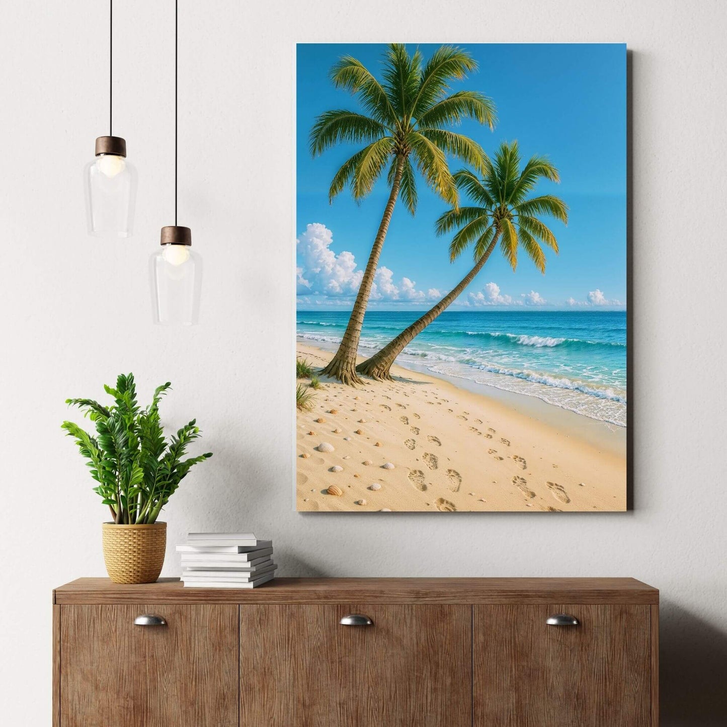 Palm beach canvas wall art delivering fresh seaside energy above a modern wood sideboard with pendant lights and greenery.