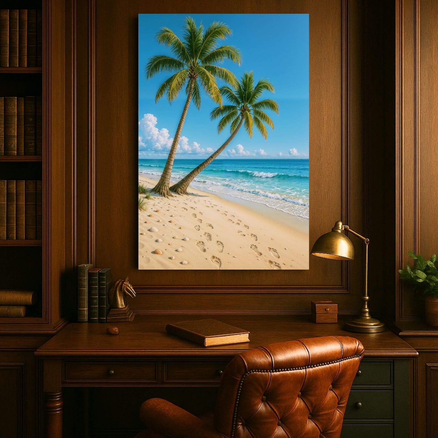 Large palm-framed beach canvas print bringing bright coastal vibes to a classic wood-paneled study above a vintage leather desk.
