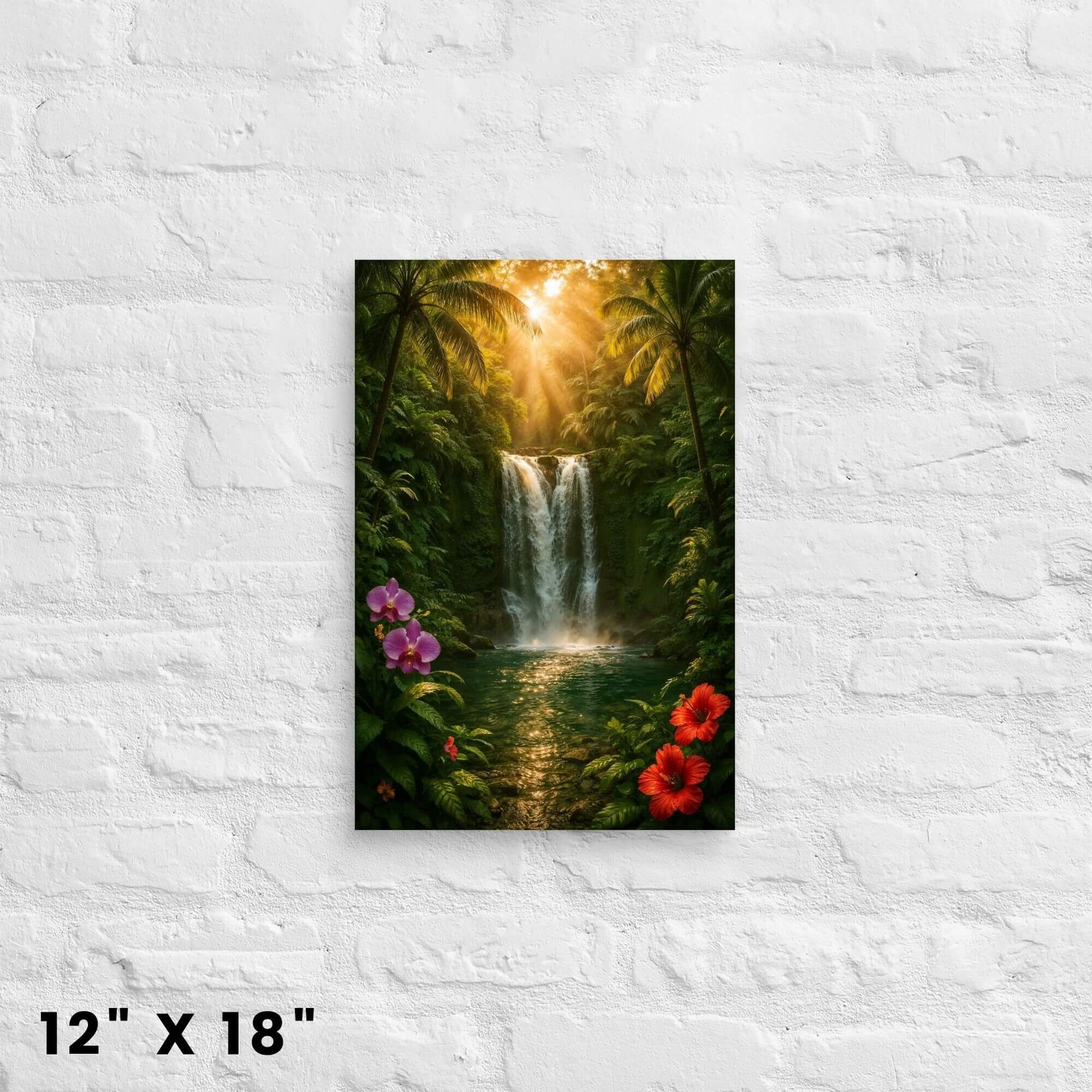 12 × 18-inch tropical waterfall canvas art showcasing emerald pool and rainforest foliage on a white-brick wall.