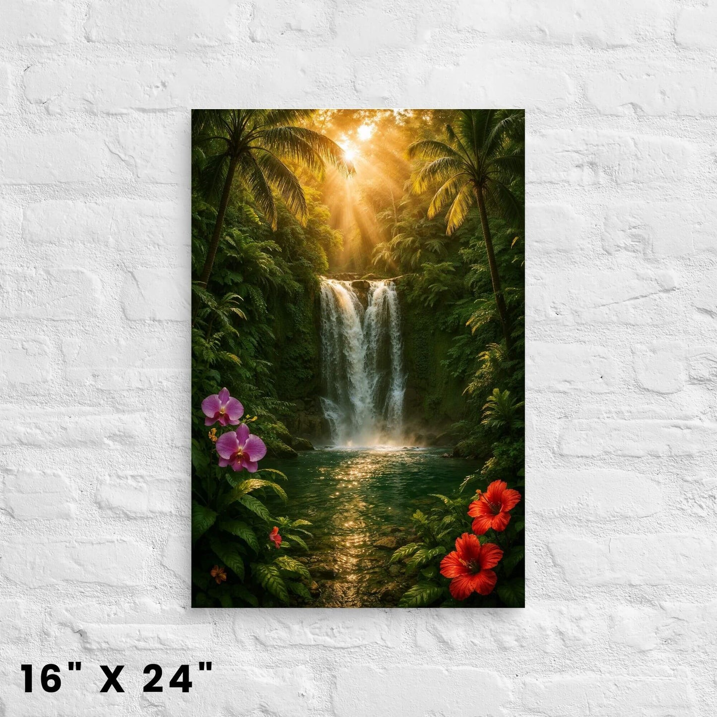 16 × 24-inch sunlit jungle cascade canvas print with palms, orchids, and hibiscus on a white-brick setting.