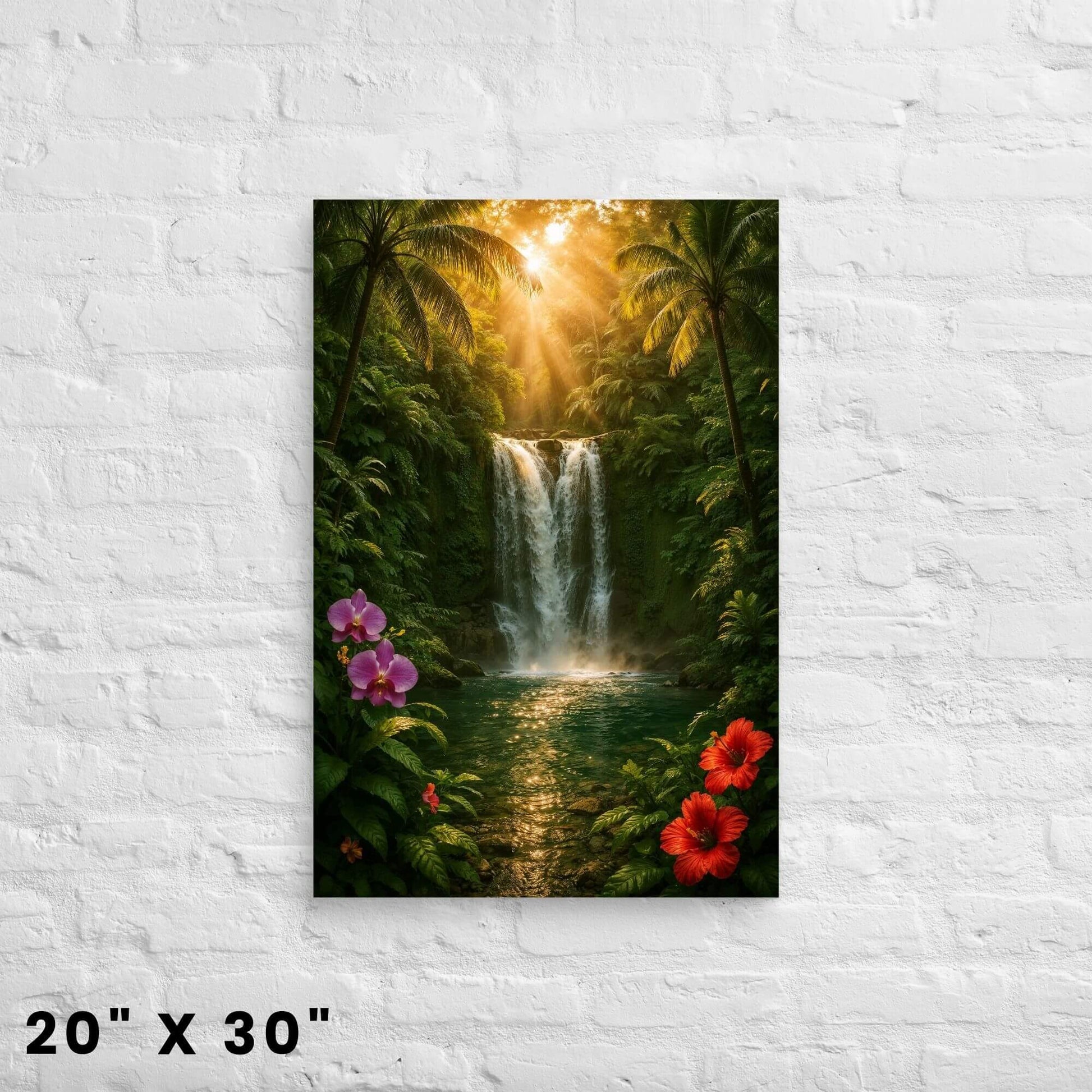 20 × 30-inch exotic rainforest waterfall canvas wall art with vibrant tropical flowers displayed on a clean white-brick wall.
