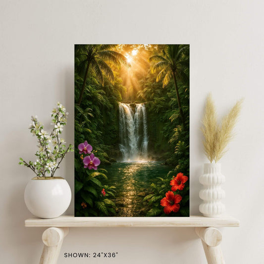 24 × 36-inch tropical waterfall rainforest canvas wall art styled on a minimalist shelf with ceramic vase florals and pampas grass.