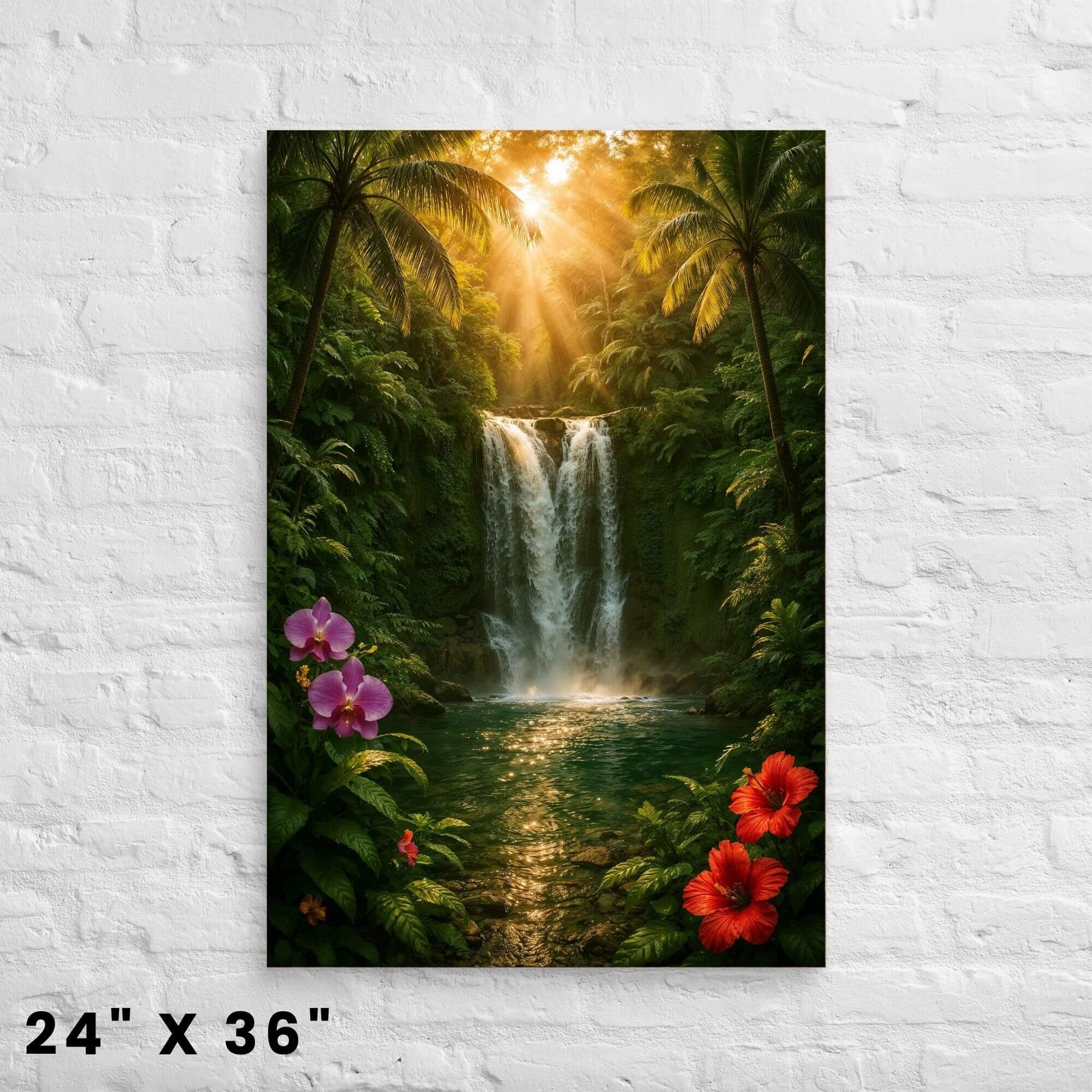 24 × 36-inch lush jungle waterfall canvas print featuring golden sun rays, orchids, and red hibiscus against a bright white-brick backdrop.